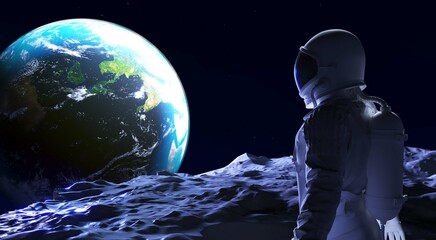 Abstract photo art with astronaut against background Earth, Space and other planets. 3d rendering.