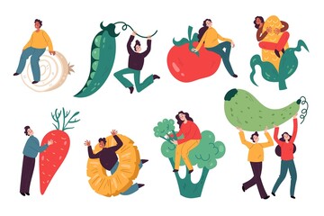 People with vegetables and fruits. Tiny persons with big agriculture foods, vegetarian organic natural products, healthy vitamin diet, men and women hold harvest, vector cartoon isolated set