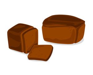  Loaf of rye bread whole and sliced. Vector cartoon set on a white isolated background