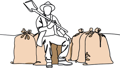 Continuous one line drawing of farmer posing with burlap sacks. Minimal outline concept
