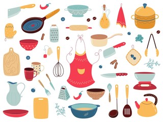 Kitchenware utensils. Cooking supplies and accessories, cutting boards, pots and pans, ceramic plates and steel knives, apron. Home and cafe equipment, vector cartoon flat isolated set