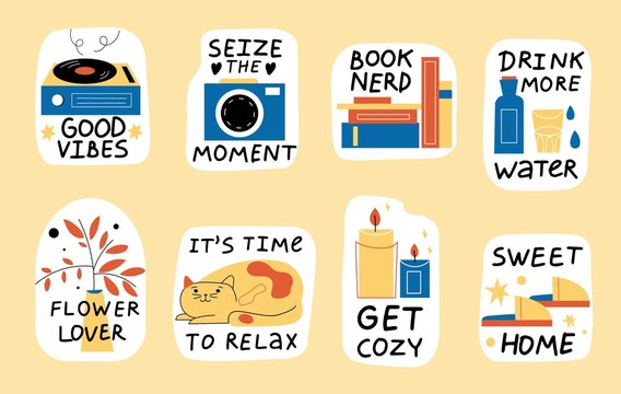 Cozy stickers. Comfort home labels, cute motivational quotes, room objects emblems, relaxing lifestyle, lazy weekend elements, read book and listen music, vector cartoon isolated set