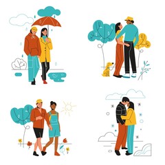 Couple various weather. Walking in different seasons, guy with girl in warm and light clothes outdoor. Spring and summer, winter and autumn season. Vector cartoon flat isolated set