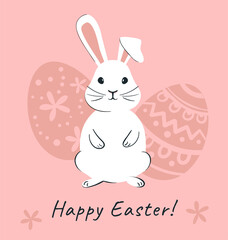 Easter bunny and Easter eggs on pink background. Happin Easter banner vector illustration