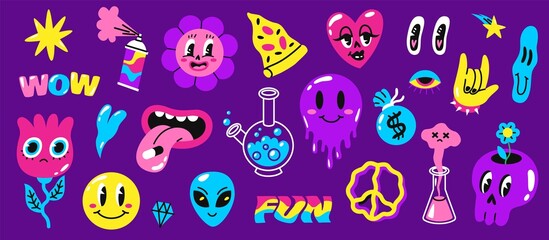 Psychedelic symbols. Weird abstract funny elements, surreal trip, 70s and 80s trendy signs, acidic bright colors, 1960s toons design, flowers and heart with eyes, vector isolated set