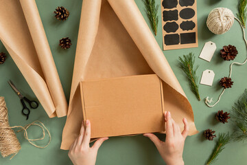 How to wrap a gift in zero waste style. Eco-friendly natural decoration. New year reusable...