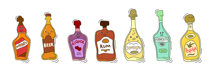 Whiskey, beer, liquor, rum, champagne, vermouth, tequila with smile on white background. Cartoon sketch graphic design. Doodle style with black contour line. Cute hand drawn bottle. Party drinks