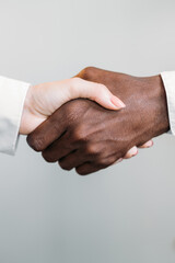 Diverse handshake. Gender equality. International partnership. Deal agreement. Closeup of...