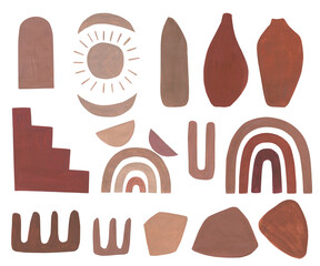 Gouache set of geometric elements in boho style, modern home decor, rainbow in pastel shades. Hand drawn illustration