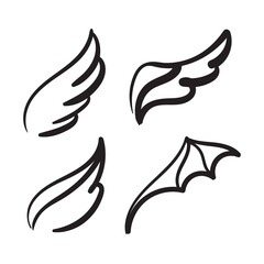 Angel wings hand drawn. Sketch bird line wing collection. Elements for logo, label or tattoo. Vintage item. Creative badge, emblem or label decor. Black outline vector isolated set