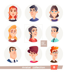 Collection of avatars, people. A set of user faces for a web forum or account. Icons of men and women.