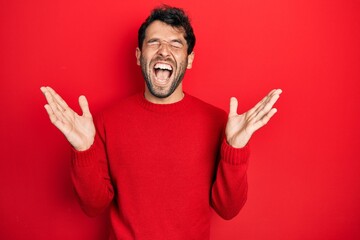 Naklejka premium Handsome man with beard wearing casual red sweater celebrating mad and crazy for success with arms raised and closed eyes screaming excited. winner concept