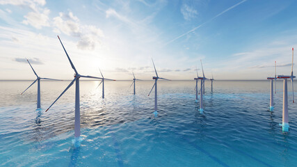 ULTRA HD. Offshore wind turbines farm on the ocean. Close up view. Sustainable energy production, clean power. 