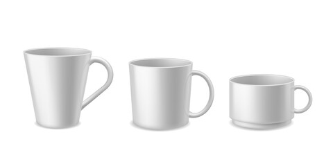 Coffee mugs. Realistic white ceramic mug mockup for espresso, cappuccino and tea. Different forms utensil side view. Hot beverage empty dishware. Advertise and presentation. Vector 3d set