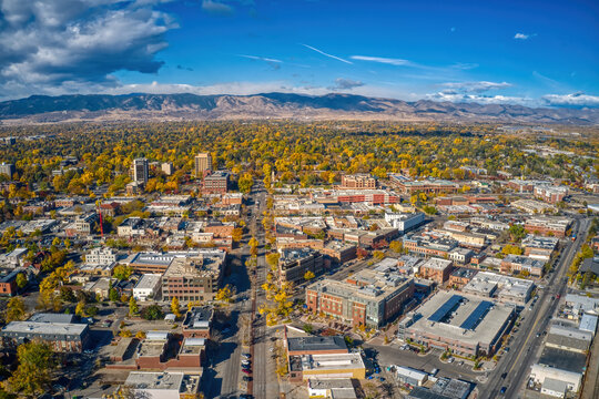 Aerial View of Downtown Fort Collins, Colorado in Autumn