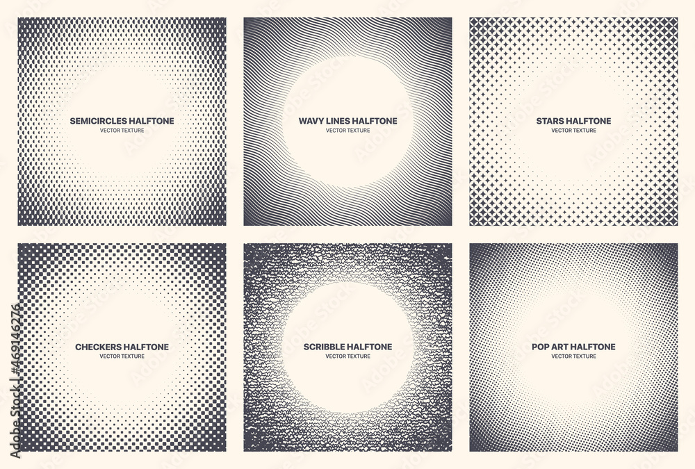 Poster different variations modern halftone texture vector geometrical round frame set isolated on white ba