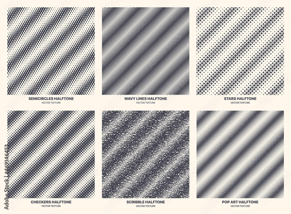 Poster different variations halftone texture set vector geometric striped pattern isolated on white backgro