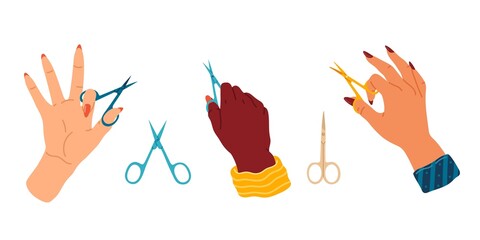 Manicure hands. Cartoon accessories, multiethnic women hold scissors, female hands with manicure tools. Nail studio and home skin care, bright nails with polish. Vector cartoon isolated set