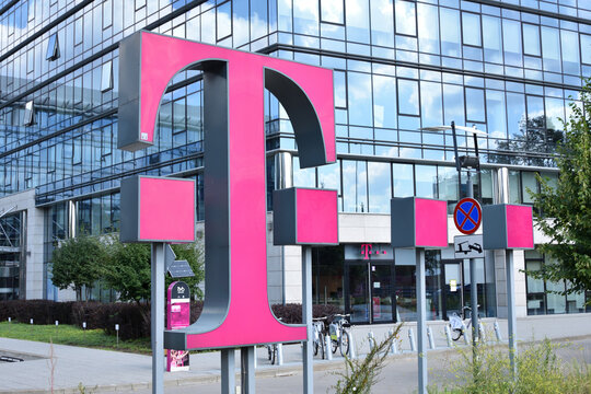 T-Mobile company sign, logo, symbol, near the store and office of popular provider of telecommunication, mobile and internet services. WARSAW, POLAND - AUGUST 7, 2020