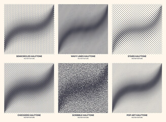 Different Variations Halftone Texture Set Vector Geometric Pattern Curved Line Isolated On White Background. Various Half Tone Gradient Collection Semi Circle Wavy Line Star Checkers Scribble Pop Art