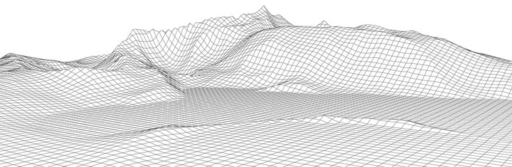 Wireframe landscape background. Detailed lines on white background. Vector illustration.
