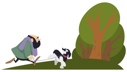 Man walks in park with dog. People and animal. Illustration for internet and mobile website.