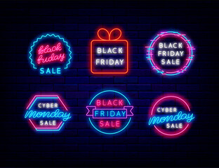 Black friday emblem set. Cyber monday sale neon label collection. Isolated vector stock illustration