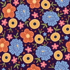 Seamless pattern spring flowers. Hand drawn decorative floral background. Summer meadow bouquet, yellow blue and orange blossoms, decor textile, wrapping paper, botanical wallpaper, vector print