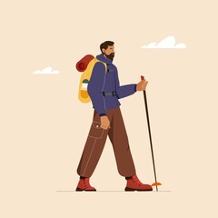 Concept of summer vacation, hiking, tourism, outdoor activities. Vector illustration of a young man doing nordic walking or trekking with backpack