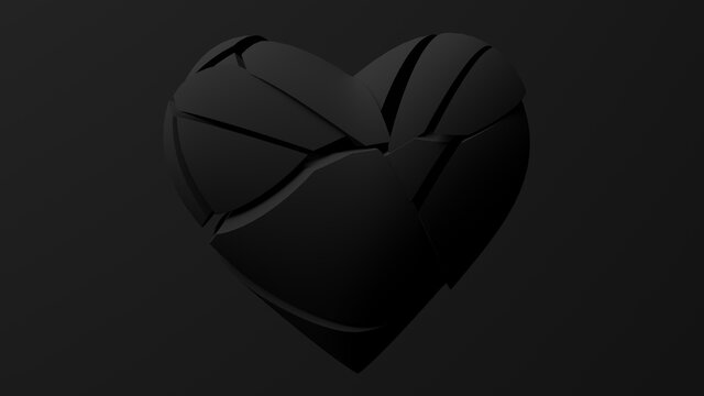 Black broken heart shape, black background. Abstract monochrome illustration, 3d render.