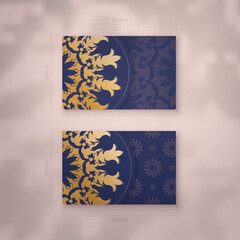 Dark blue color business card template with greek gold pattern for your brand.