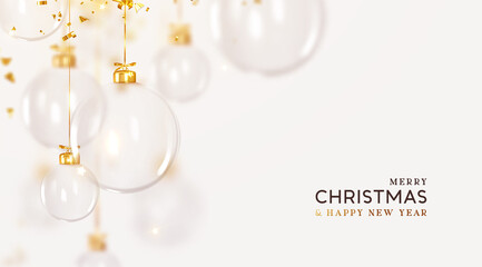 Christmas transparent glass balls hang on gold ribbon, white background with golden falling confetti. Realistic New Year 3d design. Holiday Xmas decoration hanging baubles. Vector illustration