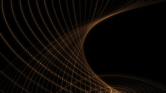 Elegant spiraling golden fractal light wave motion background animation with glowing gold particles. Full HD and looping.