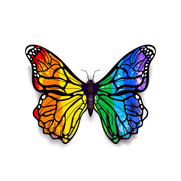 Beautiful detailed realistic magic butterfly in colourful rainbow colours on white