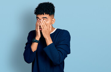 Young african american man wearing casual clothes rubbing eyes for fatigue and headache, sleepy and tired expression. vision problem