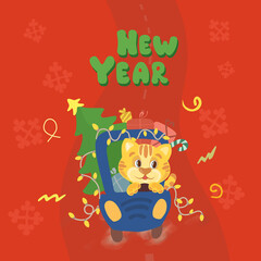 Christmas tiger . Cute drawings of characters on the theme of the New Year on a bright background. High quality photo