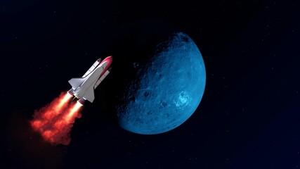 4K Ultra Hd. Space shuttle rocket in outer space. Earth and Moon on background. Exploration of the cosmos. 3D Rendering.
