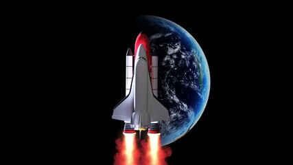 Spaceship in the outer space on orbit of Earth planet. Space shuttle in sky with clouds. Continents and oceans. 3D Rendering.
