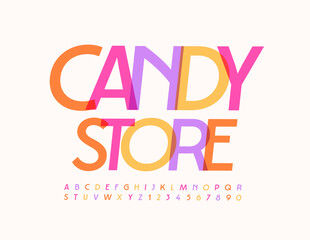 Vector cute logo Candy Store. Bright artistic Font. Elegant style Alphabet Letters and Numbers set