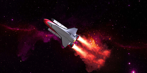 Space shuttle in outer space on dark background. Rocket with astronauts. 3D Rendering.
