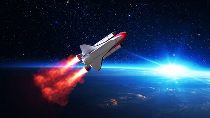Space shuttle in outer space on dark background. Rocket with astronauts. 3D Rendering.
