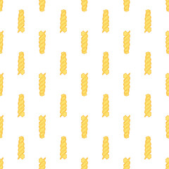 Fusilli paste pattern, yellow in a flat style. seamless pattern of dry short paste twisted into a spiral. Vector pattern of one dry yellow paste, drawn in sketch style. italian fusilli for packaging