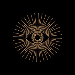 Mystical eyes in line art style on black background. Ritual sign. Magic rite. T-shirt print.