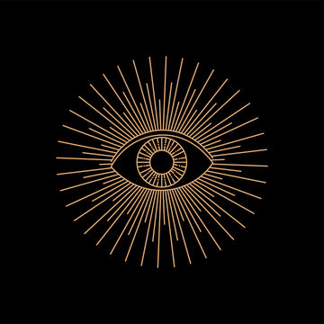 Mystical eyes in line art style on black background. Ritual sign. Magic rite. T-shirt print.