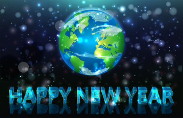 Merry Christmas and Happy New Year background with Earth, vector illustration