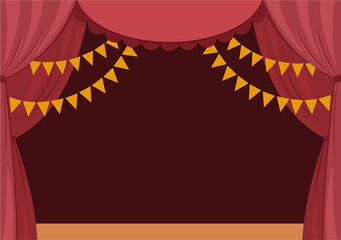 Vector theater or circus stage with red curtains, flags and place for text. Concert scene background. Flat hall decoration. Holiday event or entertainment show presentation or card design.