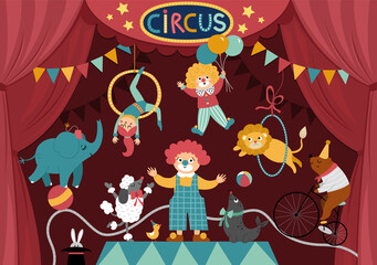 Vector circus stage with red curtains, artists, clown, animals. Street show scene with cute characters. Flat festival background. Holiday event or entertainment show card design.