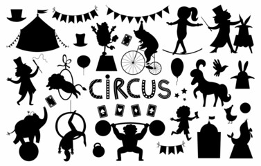 Circus characters and objects silhouettes collection. Big black and white vector set with gymnast, animals, athlete, illusionist. Marquee, flags. Street show or holiday party shadows pack.