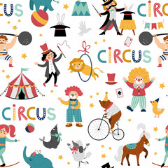 Vector circus seamless pattern. Repeat background with street show animals, tent, artists. Amusement holiday digital paper. Texture with bear on bike, clown, gymnast, athlete, magician. - obrazy, fototapety, plakaty