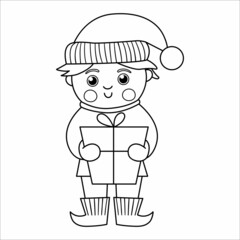 Vector black and white happy boy holding a present. Cute winter elf kid line illustration or coloring page. Funny outline icon for Christmas, New Year or winter design.